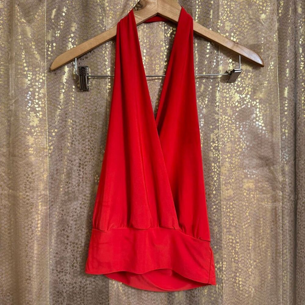 Moa Moa Bright Red Halter Cropped Surplice Slinky Open Back Top Small